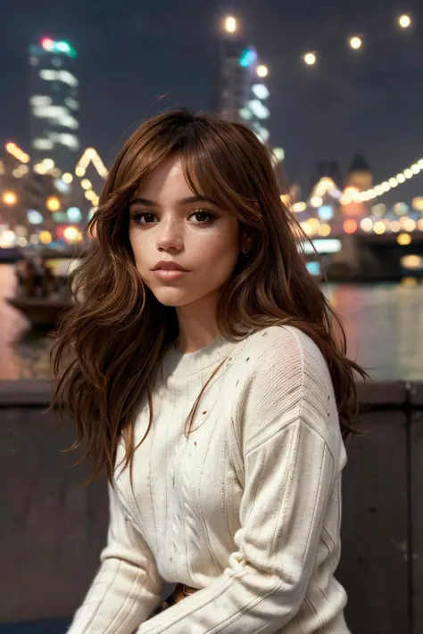 <lora:JennaWednsfinal:1> photo of jnortg, long hair with bangs,sweater ,cityscape,bokeh,masterpiece,soft lighting ,freckles,sharp,detailed skin,8k,uhd
