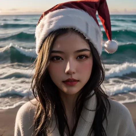 1girl, solo, santa hat,beach, best quality,masterpiece,realistic, <lora:beach-000004:0.7>