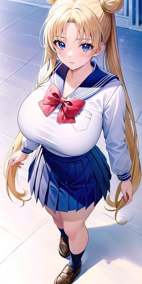 SMUsagiTsukino, <lyco:SMUsagiTsukinoV6:.6>, huge_breasts, standing, solo, SMSchoolUniform, masterpiece, best quality, detailed face, detailed eyes, highres,