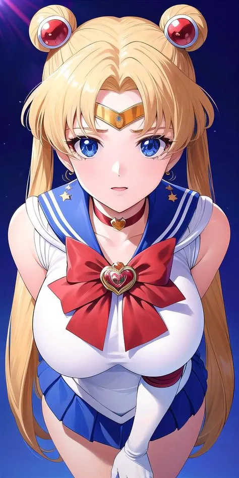 <lora:SMUsagiTsukinoV16:0.65> smusagitsukino, standing, solo, huge_breasts, ClassicSM_Blue_skirt_White_gloves_Red_boots_Red_choker_Red_bowtie_Red_back_bow_Circlet_Red_bun_cover, masterpiece, best quality, detailed face, detailed eyes, highres,