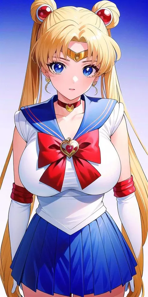 <lora:SMUsagiTsukinoV16:0.7> smusagitsukino, standing, solo, huge_breasts, ClassicSM_Blue_skirt_White_gloves_Red_boots_Red_choker_Red_bowtie_Red_back_bow_Circlet_Red_bun_cover, masterpiece, best quality, detailed face, detailed eyes, highres,