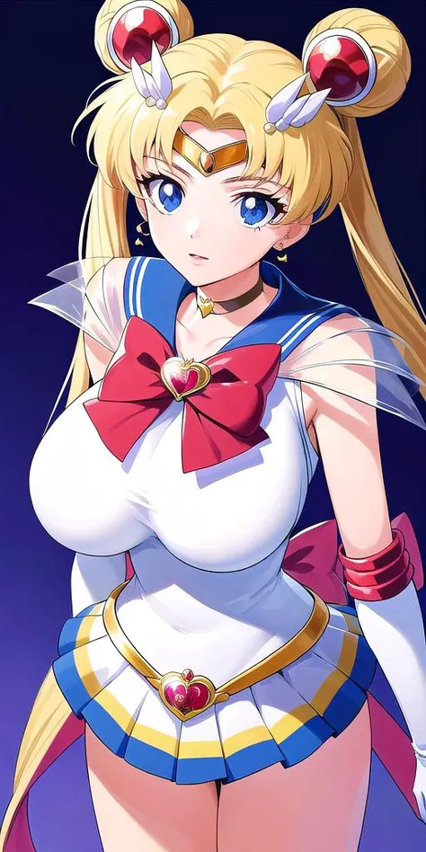 <lora:SMUsagiTsukinoV16:0.65> smusagitsukino, standing, solo, huge_breasts, SuperSM_White_skirt_White_gloves_Red_boots_Yellow_choker_Red_bowtie_White_back_bow_Crescent_circlet_Hairpin_Red_bun_cover, masterpiece, best quality, detailed face, detailed eyes, highres,