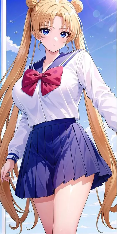 <lora:SMUsagiTsukinoV16:0.65> smusagitsukino, standing, solo, huge_breasts, school_uniform_blue_serafuku_blue_back_bow_red_bowtie, masterpiece, best quality, detailed face, detailed eyes, highres,
