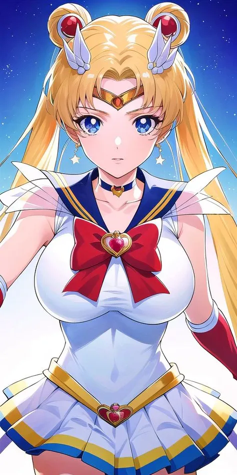 <lora:SMUsagiTsukinoV16:0.7> smusagitsukino, standing, solo, huge_breasts, SuperSM_White_skirt_White_gloves_Red_boots_Yellow_choker_Red_bowtie_White_back_bow_Crescent_circlet_Hairpin_Red_bun_cover, masterpiece, best quality, detailed face, detailed eyes, highres,
