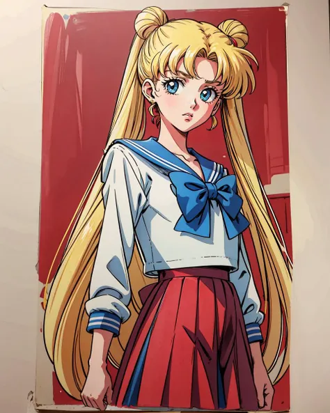 (SMUsagiTsukino:0.5), <lyco:SMUsagiTsukinoV6:0.6>, 1girl, cowboy shot, solo, SMSchoolUniform, highres, (1990s \(style\):0.8) , faux traditional media, <lora:add_detail:0.25>, masterpiece, best quality, perfect composition