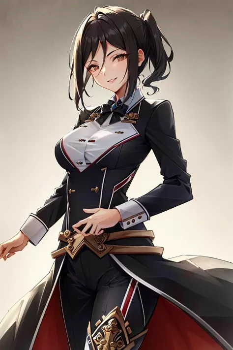 <lora:Morag:0.8> morag, 1girl, black hair, brown eyes, tuxedo, black suit, (Masterpiece, Best Quality, Highres:1.2), Detailed, Intricate Details, 4K, 1girl, solo, cowboy shot, high rating, simple background, large breasts, sexy, smile, dynamic pose, looking at viewer,
