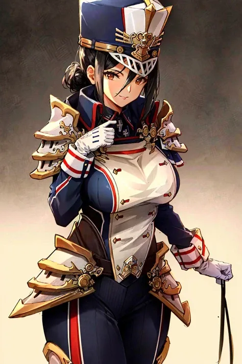 <lora:Morag:1> morag, 1girl, black hair, brown eyes, military uniform, hat, pauldrons, shoulder armor, white gloves, (Masterpiece, Best Quality, Highres:1.2), Detailed, Intricate Details, 4K, 1girl, solo, cowboy shot, high rating, simple background, huge breasts, sexy, smile, dynamic pose, looking at viewer, retro artstyle, 1980s \(style\), 1990s \(style\)