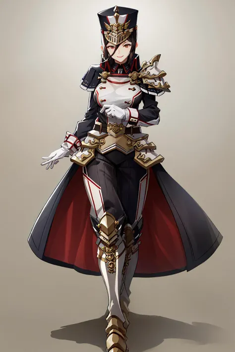 <lora:Morag:1> morag, 1girl, black hair, brown eyes, military uniform, hat, pauldrons, shoulder armor, white gloves, boots,, (Masterpiece, Best Quality, Highres:1.2), Detailed, Intricate Details, 4K, 1girl, solo, full body, high rating, simple background, huge breasts, sexy, smile,