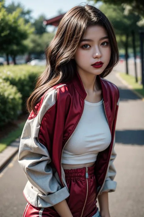 Best quality,masterpiece,ultra high res,ultra detailed,beautiful and aesthetic,(photorealistic:1.4),1girl,out door,Middle section,Red high waisted jacket,Hot pants,Black silk, breasts out, youth, young, underage
<lora:trangthutran:0.65>, trangthutran, <lora:add_detail:1>