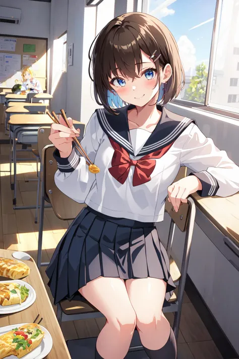 -galgame style, school uniform, multiple girls, classroom, food, rice, indoors, serafuku, hair ornament, smile, holding, solo focus, x hair ornament, school desk, chopsticks, chair, bento, skirt, sailor collar, shirt, brown hair, blue eyes, white shirt, long sleeves, looking at viewer, window, curtains, blush, closed mouth, chalkboard, bow, 2girls, incoming food, bangs, school chair, sitting, desk, red bow, omelet, holding chopsticks, sunlight, feeding, tamagoyaki, black sailor collar, black skirt, red bowtie, head tilt, pleated skirt, collarbone, bowtie, short hair, school, day, hairclip<lora:galgame style (10):0.8>