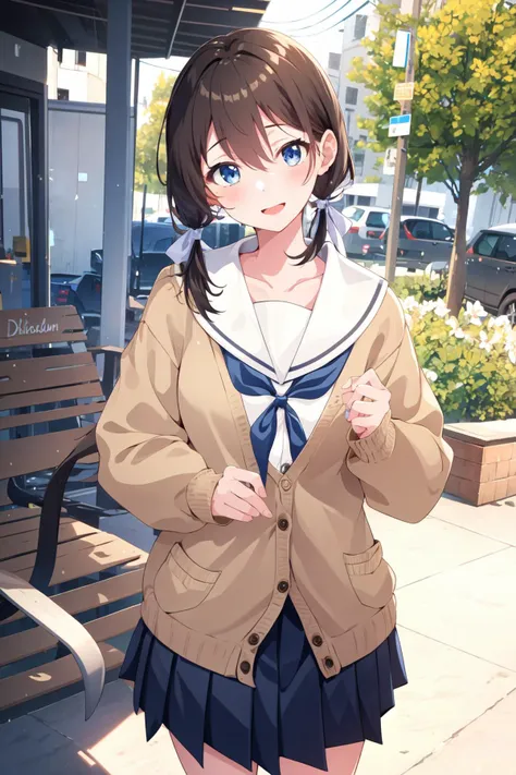 -galgame style, 1girl, solo, blue eyes, outdoors, twintails, smile, sailor collar, school uniform, cardigan, neckerchief, skirt, black hair, looking at viewer, long hair, bangs, open mouth, long sleeves, tree, ribbon, red neckerchief, low twintails, hair ribbon, serafuku, flower, bench, :d, pleated skirt, collarbone, brown cardigan, white sailor collar, blush, white flower, head tilt, sleeves past wrists, day, brown skirt, hair between eyes, open clothes, cowboy shot, blue ribbon, open cardigan, shirt<lora:galgame style (10):0.8>