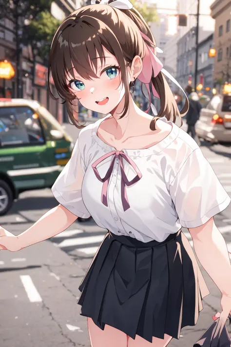 -galgame style, green eyes, 1girl, shirt, smile, 1boy, long hair, open mouth, ribbon, ponytail, white shirt, brown hair, skirt, blurry, bag, :d, bangs, outdoors, blush, black ribbon, blue eyes, short sleeves, neck ribbon, hair ribbon, depth of field, looking at viewer, collarbone, pink nails, blurry background, solo focus, upper teeth only, fingernails, pink skirt, collared shirt, teeth, black hair, white ribbon, looking at another, blurry foreground, day, sidelocks<lora:galgame style (10):0.8>