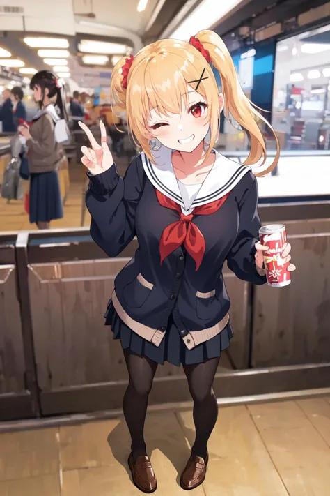 -galgame style, 1girl, one eye closed, skirt, hair ornament, pantyhose, smile, school uniform, red eyes, pleated skirt, holding, blonde hair, long hair, neckerchief, serafuku, x hair ornament, red neckerchief, looking at viewer, pov, sailor collar, one side up, hairclip, cardigan, can, brown footwear, solo focus, bangs, standing, bag, grin, shoes, long sleeves, striped, black skirt, scrunchie, holding can, loafers, collarbone, side ponytail, train station, ahoge, hair scrunchie, black pantyhose, pov hands, blurry<lora:galgame style (10):0.8>