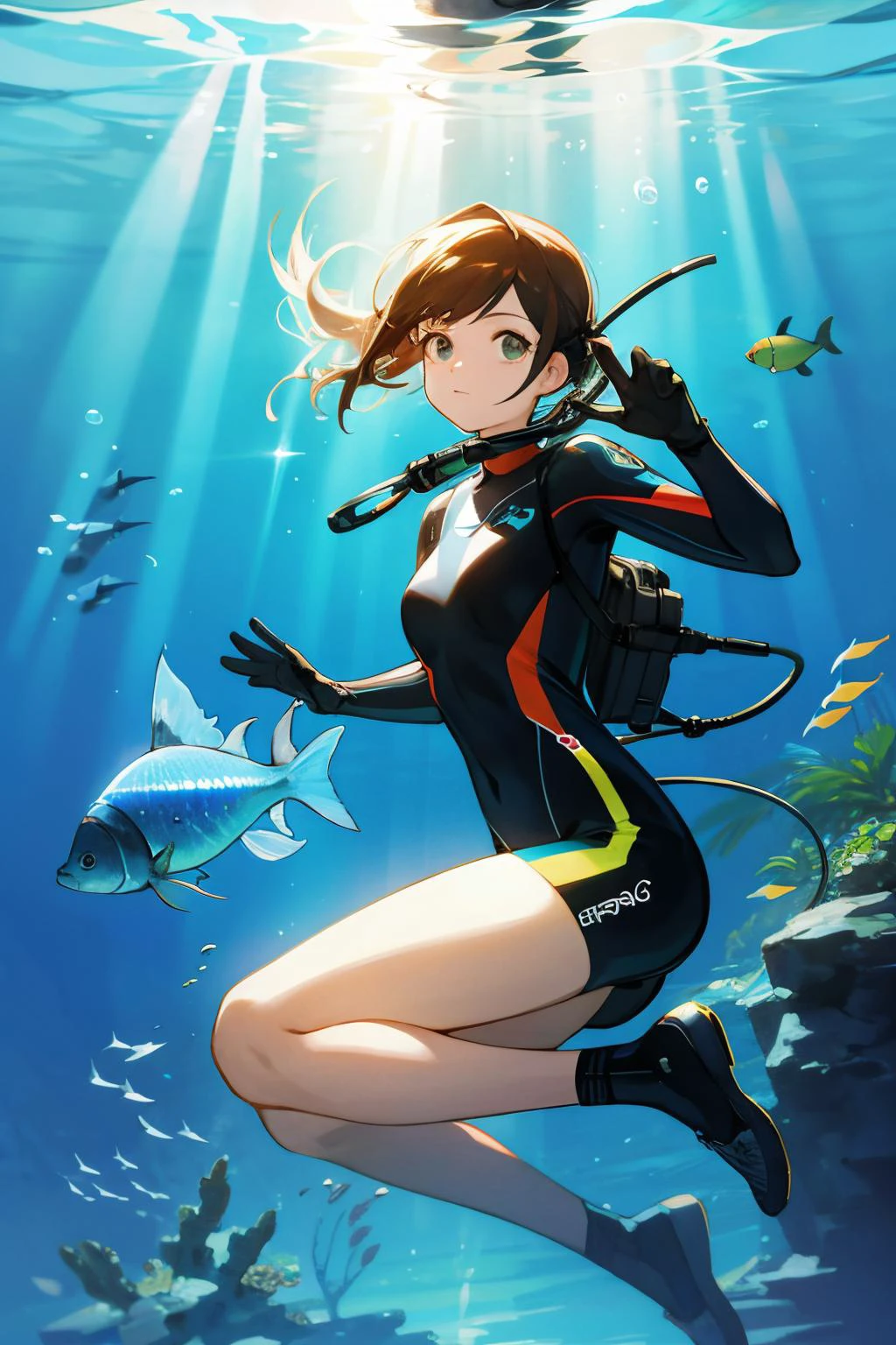 a woman scuba diving with tropical fish. sunbeams, raytraced, photorealistic.