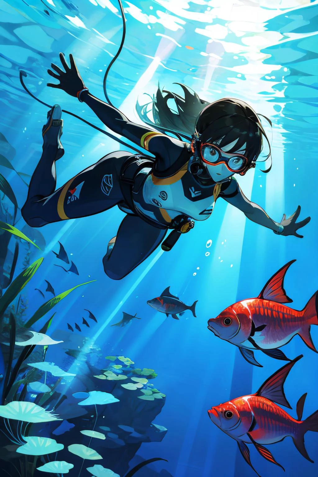 a woman scuba diving with tropical fish. sunbeams, raytraced, photorealistic.