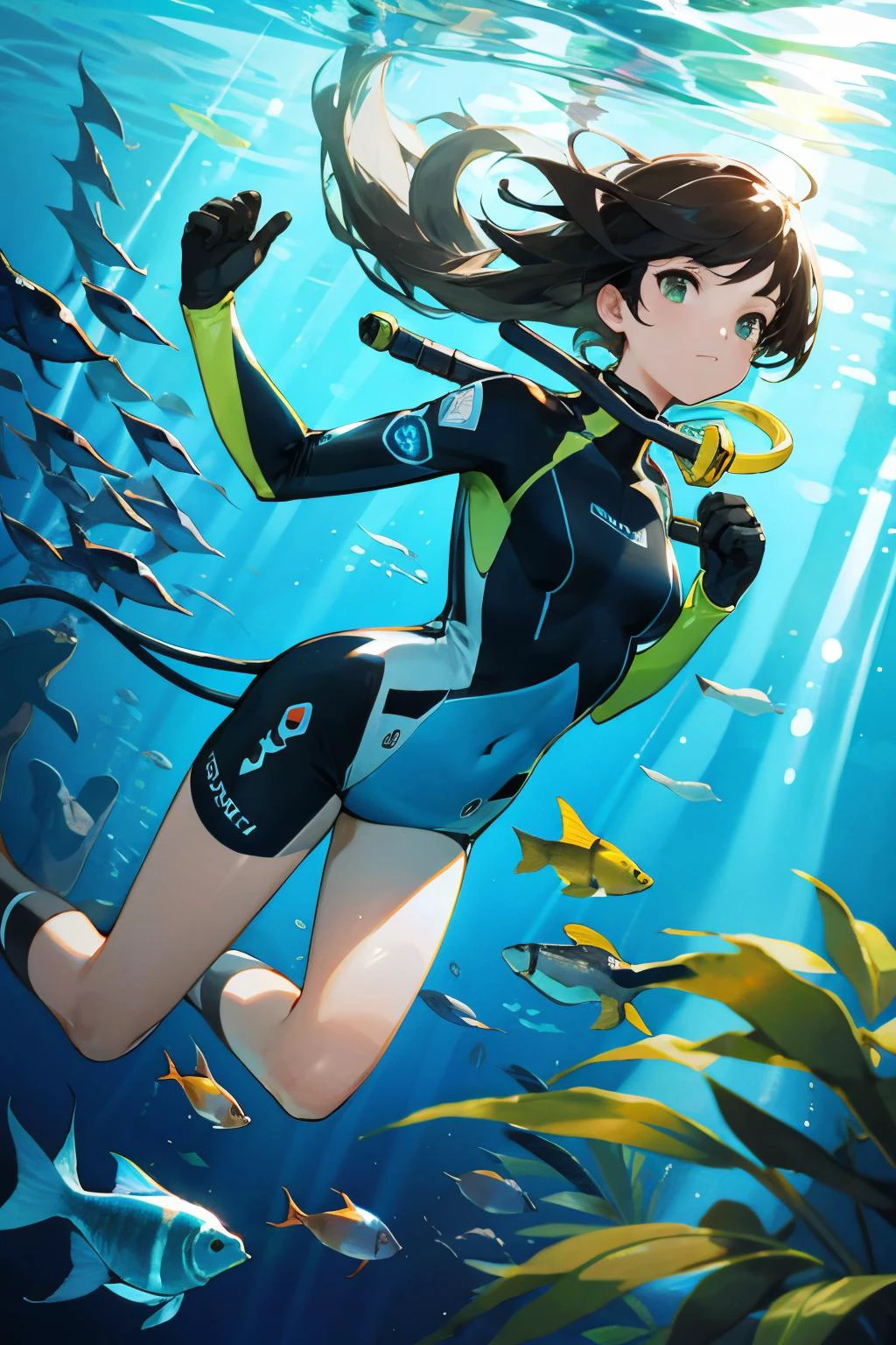 a woman scuba diving with tropical fish. sunbeams, raytraced, photorealistic.