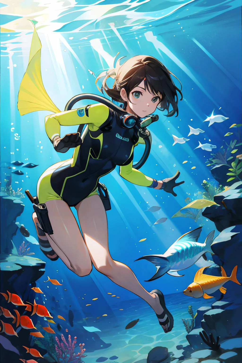 a woman scuba diving with tropical fish. sunbeams, raytraced, photorealistic.