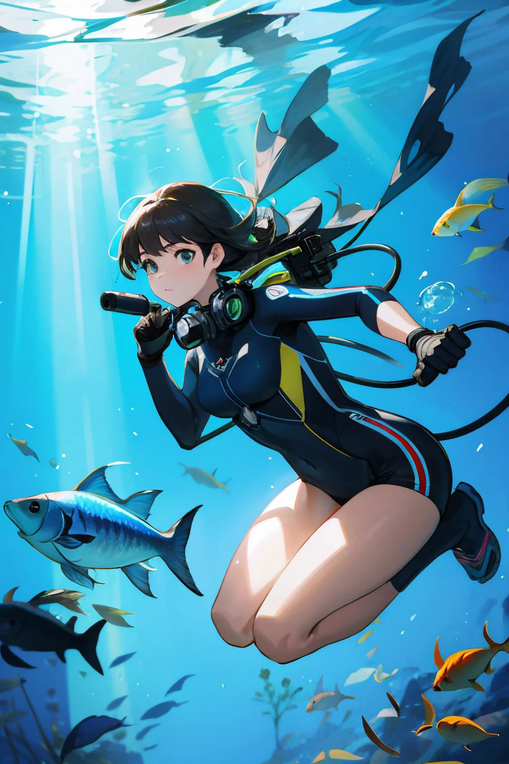 a woman scuba diving with tropical fish. sunbeams, raytraced, photorealistic.