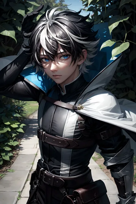 charlemagne\(fate\), solo, 1boy, looking at viewer, male focus, blue eyes, short hair, bangs, black hair, hair between eyes, white hair, multicolored hair, two-tone hair, leaf, gloves, belt, white cape, greaves, leaf, tree, <lora:Charlemagne(fate)_No_commercial_use_is_allowed_LoRA:0.6>