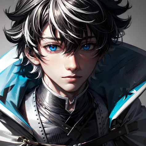 charlemagne\(fate\), solo, 1boy, looking at viewer, male focus, blue eyes, short hair, bangs, black hair, hair between eyes, white hair, multicolored hair, two-tone hair, close up<lora:Charlemagne(fate)_No_commercial_use_is_allowed_LoRA:0.75>