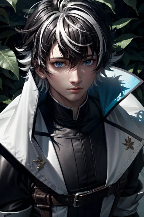 charlemagne\(fate\), solo, 1boy, looking at viewer, male focus, blue eyes, short hair, bangs, black hair, hair between eyes, white hair, multicolored hair, two-tone hair, leaf, gloves, white cape, greaves, leaf, tree, <lora:Charlemagne(fate)_No_commercial_use_is_allowed_LoRA:0.6>