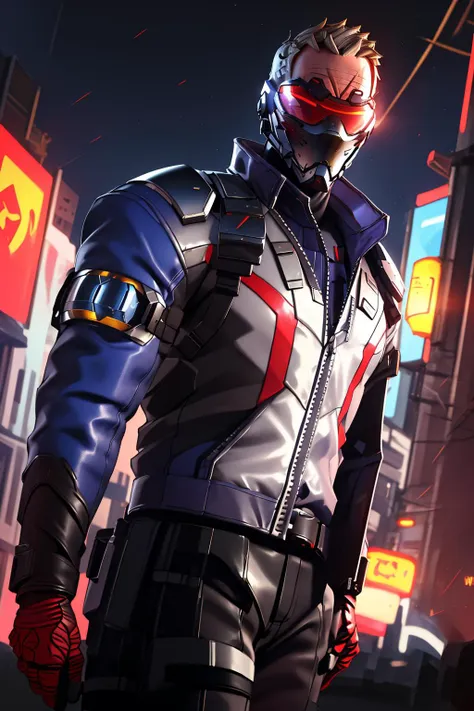 <lora:soldier76:0.8> soldier76, visor, mask, jacket, cowboy shot, broad shoulders, night city, (masterpiece, best quality,absurdres: 1.2), perfect hands,, beautiful lighting, dutch angle,, masterpiece,best quality,ultra-detailed,very detailed illustrations,extremely detailed,intricate details,highres,super complex details,extremely detailed 8k cg wallpaper