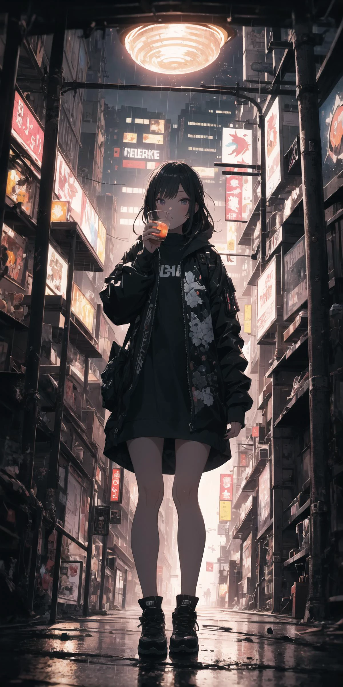 ultra-detailed,masterpiece,best quality,extremely detailed,sharp focus,portrait,illustration,yw,drinking, 1girl, full body,Cyberpunk style, at night, electronic elements, reflective clothing materials, rain, fisheye lens, 19mm, <lora:drinking_20230901041209-000006:0.8>