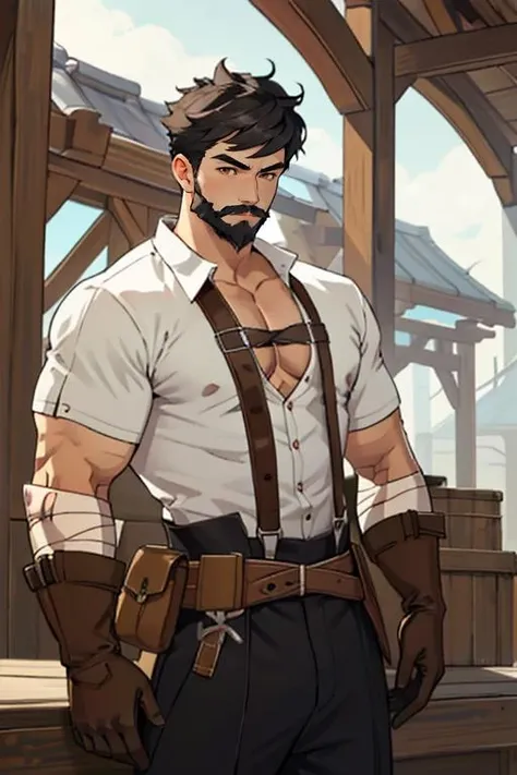 tall, muscular old human, bald, short white beard, white shirt, outlaw, bandit, fantasy, angry face, neklace,