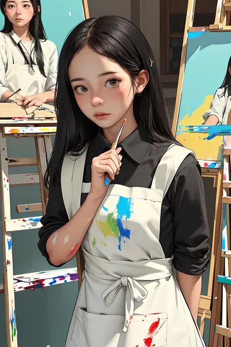 (best quality, masterpiece), 1girl, painter in distress while painting, embarrassed, irritation, distress, apron, paint splatter, long hair, blouse,