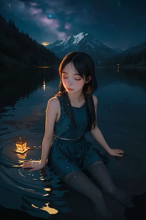 (best quality, masterpiece), 1girl, Milky Way and starry skies, calm lakes, in water, fairy, dark photo, <lora:EpiNoiseoffset:1>