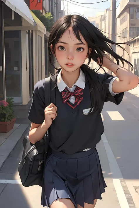 (best quality, masterpiece), 1girl, school uniform, bag, hime cut, running, street, morning, parted lips, wind, embarrassed,