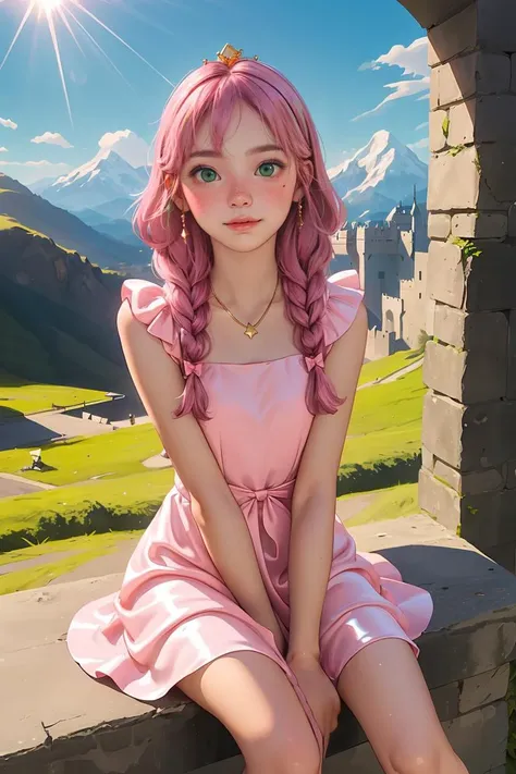 (best quality, masterpiece), 1girl, pink hair princess, smiling, shiny silk dress, castle, bright light, sun, looking at viewer, braids, bow in hair, mountains in the background, crown, beautiful, gold necklace, sitting, arms apart