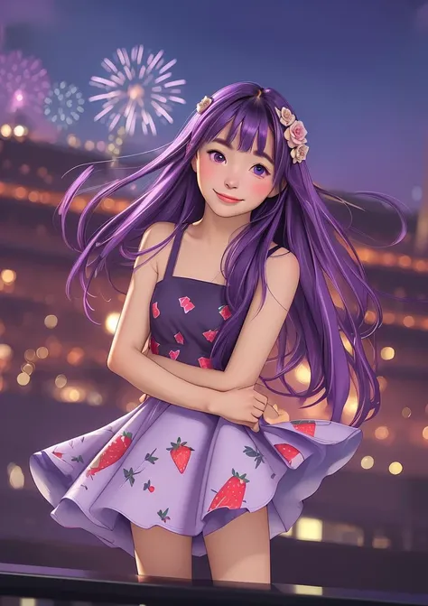 1girl, bangs, blurry, blurry background, blurry foreground, blush, bokeh, breasts, building, city, city lights, cityscape, cleavage, closed mouth, collarbone, depth of field, dress, eyebrows visible through hair, ferris wheel, fireworks, floral print, food print, long hair, looking at viewer, motion blur, night, night sky, outdoors, photo background, pool, print dress, print skirt, purple eyes, purple hair, railing, rose print, skyscraper, sleeveless, sleeveless dress, smile, snowflake print, solo, stadium, star \(sky\), strawberry print, very long hair