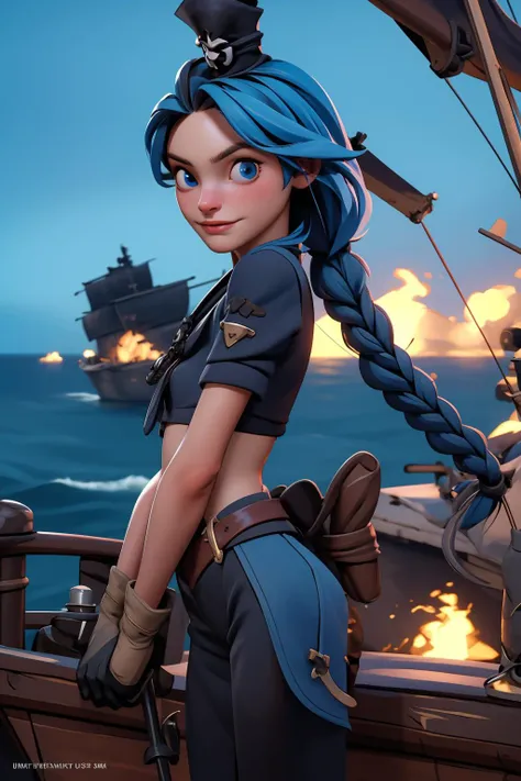 RAW photo, 8k uhd, Best quality, masterpiece, ultra high resolution, hyperrealistic, exquisite, intricate, aesthetic, beautiful, volumetric lighting, film grain, Fujifilm XT3, analog style, Instagram, tik tok, looking at viewer, 1girl, Kiera Knightley, petite, small waist, hips, athletic, side braid, beautiful detailed eyes, light blue eyes, skin imperfections, blemishes, on the deck of pirate ship in the midst of a naval war, cannon fire, explosions, splintered wood, fragments, projectiles, pirate clothes, pirates of the Caribbean, sea of thieves, <lyco:ShinyOiledSkin_v20-LyCORIS:0.5>, 3dmm, <lora:3DMM_V7:1>
