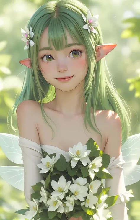 1girl, bangs, bare shoulders, blur censor, blurry, blurry background, blurry foreground, bokeh, bug, butterfly, chromatic aberration, depth of field, elf, fairy, flower, focused, green hair, hair flower, hair ornament, leaf, looking at viewer, motion blur, photo \(medium\), photo background, pointy ears, smile, solo, white flower