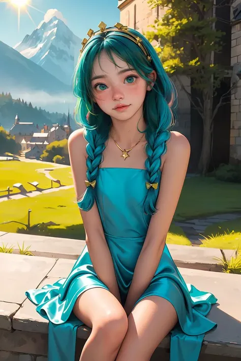(best quality, masterpiece), 1girl, teal hair princess, smiling, shiny silk dress, castle, bright light, sun, looking at viewer, braids, bow in hair, mountains in the background, crown, beautiful, gold necklace, sitting, arms apart