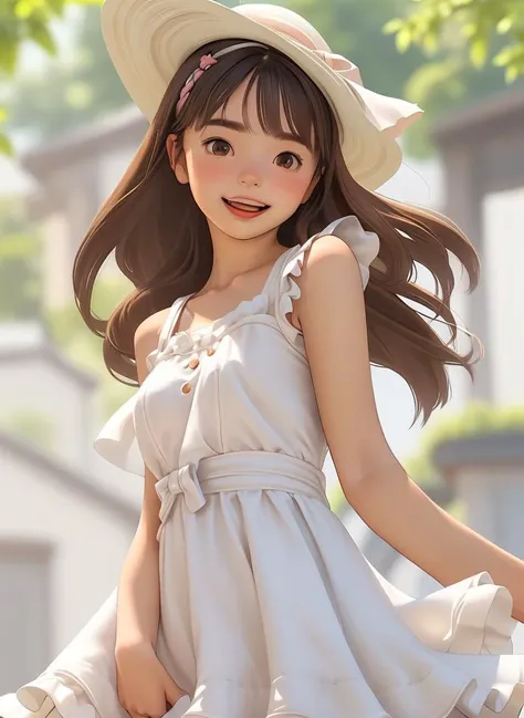 1girl, :d, bangs, bare shoulders, blurry, blurry background, blurry foreground, blush, bow, breasts, brown eyes, brown hair, collarbone, day, depth of field, dress, eyebrows visible through hair, frills, hair ornament, hairclip, hands on headwear, hat, hat bow, long hair, looking at viewer, medium breasts, open mouth, outdoors, sleeveless, sleeveless dress, smile, solo, sun hat, white dress, wind