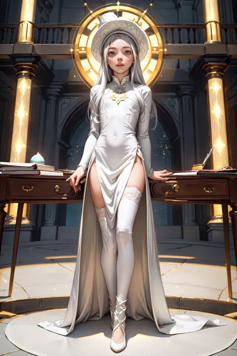 <lora:edgWhiteMage_MINI:0.7> , white mage , a woman in a white dress and hat holding a wand , high resolution, cinematic light, best shadow, (shine), white pale skin, (sliver hair, long hair), (glowing eyes, golden eyes), best quality, laughing and chatting, petite, cute, masterpiece, (casual),  high waist , (full body:1.3), (real picture, intricate details, depth of field), dynamic posture, (1girl,solo) ,  <lora:add_detail:0.8>, inner power, in library , detail library , (circle magic),
