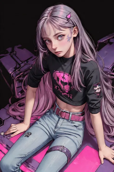 (flat color:1.3),(colorful:1.3),(masterpiece:1.2), best quality, masterpiece, original, extremely detailed wallpaper, sitting, extremely detailed wallpaper, absurdres, highres, illustration, 1girl, solo, (expressionless, emotionless), active pose, creative background, (abstract background), (long eye lashes), hair ornament, piercing, facial tattoo, fangs, blacklight, full body, neon, gray skin, punk, multiple belts, <lora:uv:1> <lyco:add_detail:0.5>, girl with (petite hot  body:0.8),
(high angle shot:1), [(detailed:1)::0.2], (crepuscular rays:0.6), 
(tiny waist:0.8), (feminine :1), (perfect face:1), 
(she feels in love:1), 
<lyco:LowRA:0.2> <lyco:add_detail:0.2><lyco:breastinclassBetter:0.2>
 [best quality, masterpiece, sharp, detailed, crisp, noise-free, accurate:0.2], [Best quality, good lighting, professional, detailed, accurate, vibrant, enhanced:0.2], [Best quality, good lighting, professional, detailed, accurate, vibrant, enhanced:0.2], [Best quality, good lighting, professional, detailed, accurate, vibrant, enhanced:0.2], [Best quality, good lighting, professional, detailed, accurate, vibrant, enhanced:0.2], [Best quality, good lighting, professional, detailed, accurate, vibrant, enhanced:0.2], [Best quality, good lighting, professional, detailed, accurate, vibrant, enhanced:0.2]