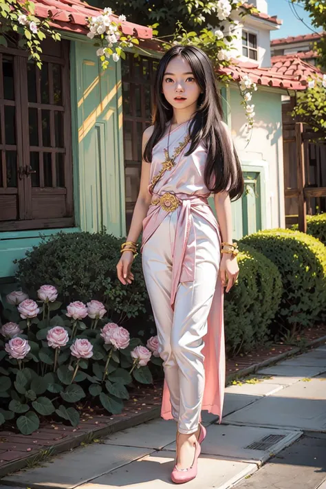<lora:sabai6:0.7> , pink sabai , Thai costume , high resolution, cinematic light, best shadow, (shine), white pale skin, (black hair, long hair, head wings), (glowing eyes, black eyes), best quality, laughing and chatting, petite, cute, masterpiece, (casual), high waist , (full body:1.3), (real picture, intricate details, depth of field), dynamic posture, (1girl,solo) , <lora:add_detail:0.8>, inner power, in garden , detail garden,
