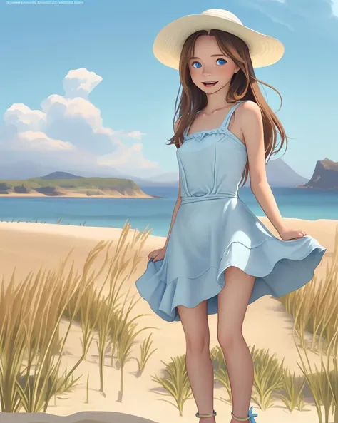 1girl, :d, bare shoulders, beach, blue eyes, blue sky, breasts, brown hair, cloud, cloudy sky, collarbone, day, dress, field, grass, hat, horizon, long hair, looking at viewer, low-tied long hair, mountain, ocean, open mouth, outdoors, sandals, skirt hold, sky, smile, solo, standing, sun hat, sunlight, window