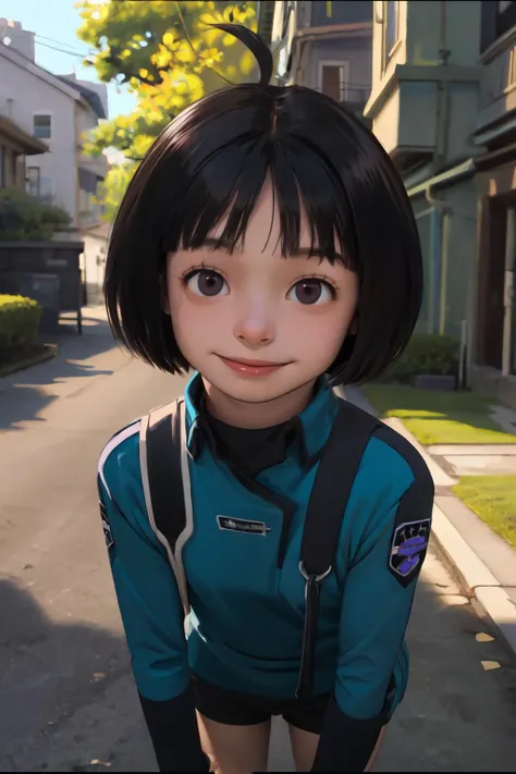 (masterpiece, best quality;1.3), extremely detailed , takagi1, pov, 1girl, looking at viewer, black hair, short hair, smile, outdoor,
long sleeves,purple eyes,blue jacket, ahoge, blunt bangs, uniform, black shirt, turtleneck, bob cut, letterboxed, emblem,short black shorts
<lora:Amatori_Chika:0.8>