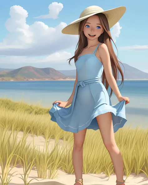 1girl, :d, bare shoulders, beach, blue eyes, blue sky, breasts, brown hair, cloud, cloudy sky, collarbone, day, dress, field, grass, hat, horizon, long hair, looking at viewer, low-tied long hair, mountain, ocean, open mouth, outdoors, sandals, skirt hold, sky, smile, solo, standing, sun hat, sunlight, window