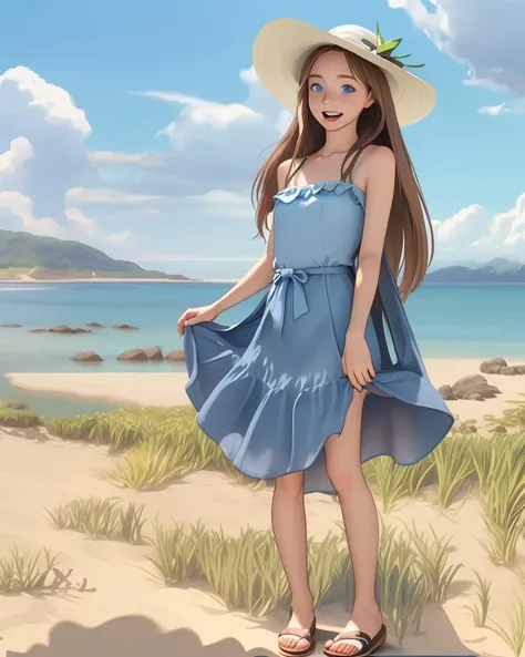 1girl, :d, bare shoulders, beach, blue eyes, blue sky, breasts, brown hair, cloud, cloudy sky, collarbone, day, dress, field, grass, hat, horizon, long hair, looking at viewer, low-tied long hair, mountain, ocean, open mouth, outdoors, sandals, skirt hold, sky, smile, solo, standing, sun hat, sunlight, window