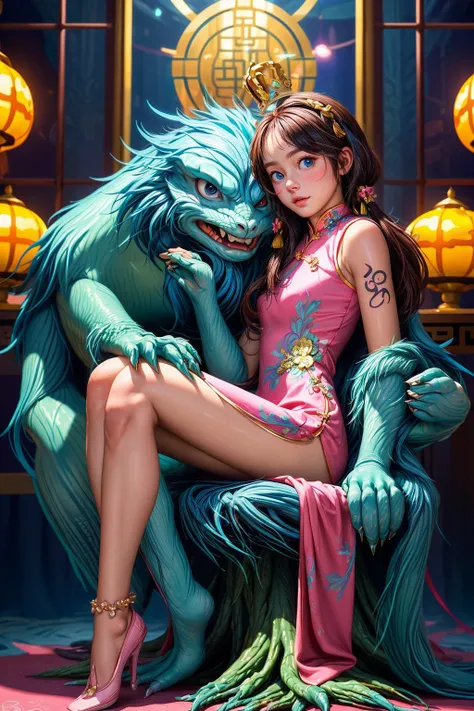 (best quality, masterpiece:1.3), 1girl, sitting on a trone, inside a temple, (pink chinese dress), blue eyes, cute face, very long hair, (wearing a crown), higly detailed hair, tattoo, half body, perfect body, big columns, higly detailed face, glowing lights, (((creature on the background))), front view, <lora:add_detail:1>