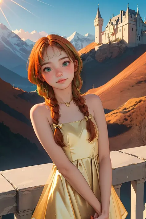 (best quality, masterpiece), 1girl, orange hair princess, smiling, shiny silk dress, castle, bright light, sun, looking at viewer, braids, bow in hair, mountains in the background, crown, beautiful, gold necklace