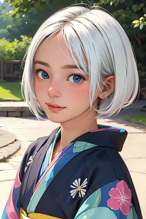 masterpiece, best quality, 1girl, white hair, short hair, blue eyes, richly decorated (rainbow) kimono, cute face, blush,
