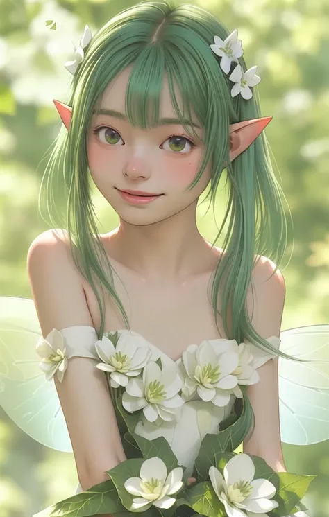 1girl, bangs, bare shoulders, blur censor, blurry, blurry background, blurry foreground, bokeh, bug, butterfly, chromatic aberration, depth of field, elf, fairy, flower, focused, green hair, hair flower, hair ornament, leaf, looking at viewer, motion blur, photo \(medium\), photo background, pointy ears, smile, solo, white flower