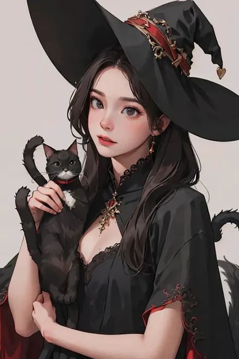 (best quality, masterpiece1.2), intricate detail, depth of field, 20 years old girl, devil, tail, wings, witch, holding cat