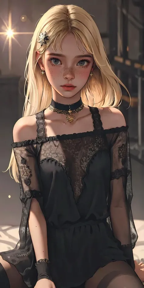 (best quality, masterpiece1.2), (detailed eye:1.2), intricate detail, depth of field, 20 years old girl, sitting, off shoulder, backlight, sunlight, (blonde, long hair:1.2), freckles, see-through, looking at viewer, earrings, hair ornament, choker, wind, lens flare,